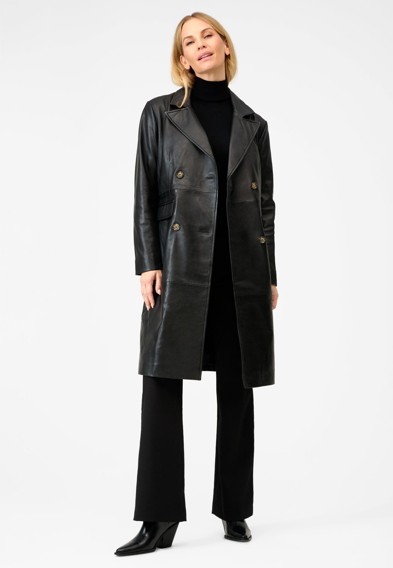 Monique Klassischer Ledermantel mit Reverskragen und Pattentaschen