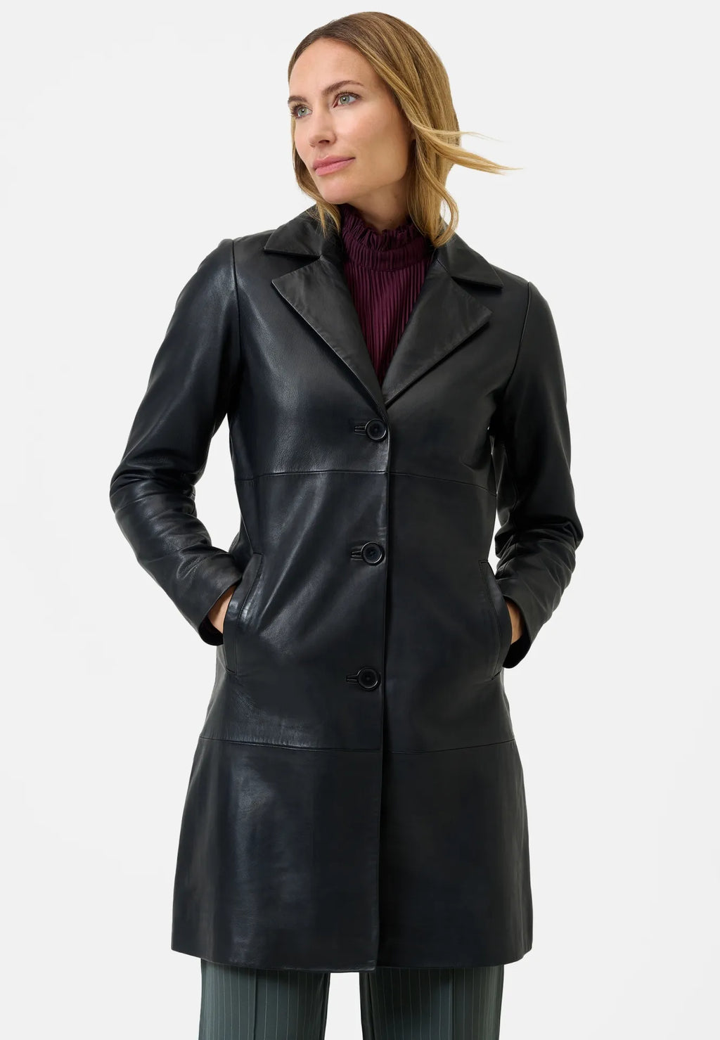 Marzia klassischer Ledermantel mit Knopfverschluss