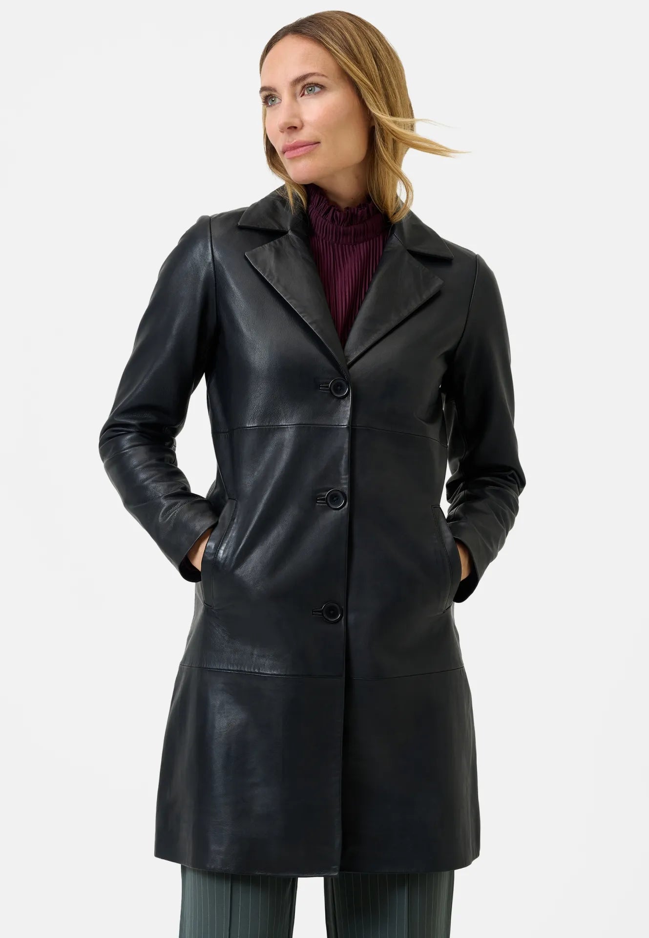 Marzia klassischer Ledermantel mit Knopfverschluss