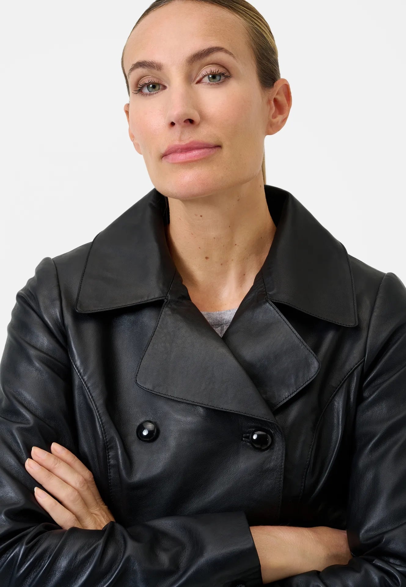 Rosalia zweireihiger Ledermantel mit Gürtel