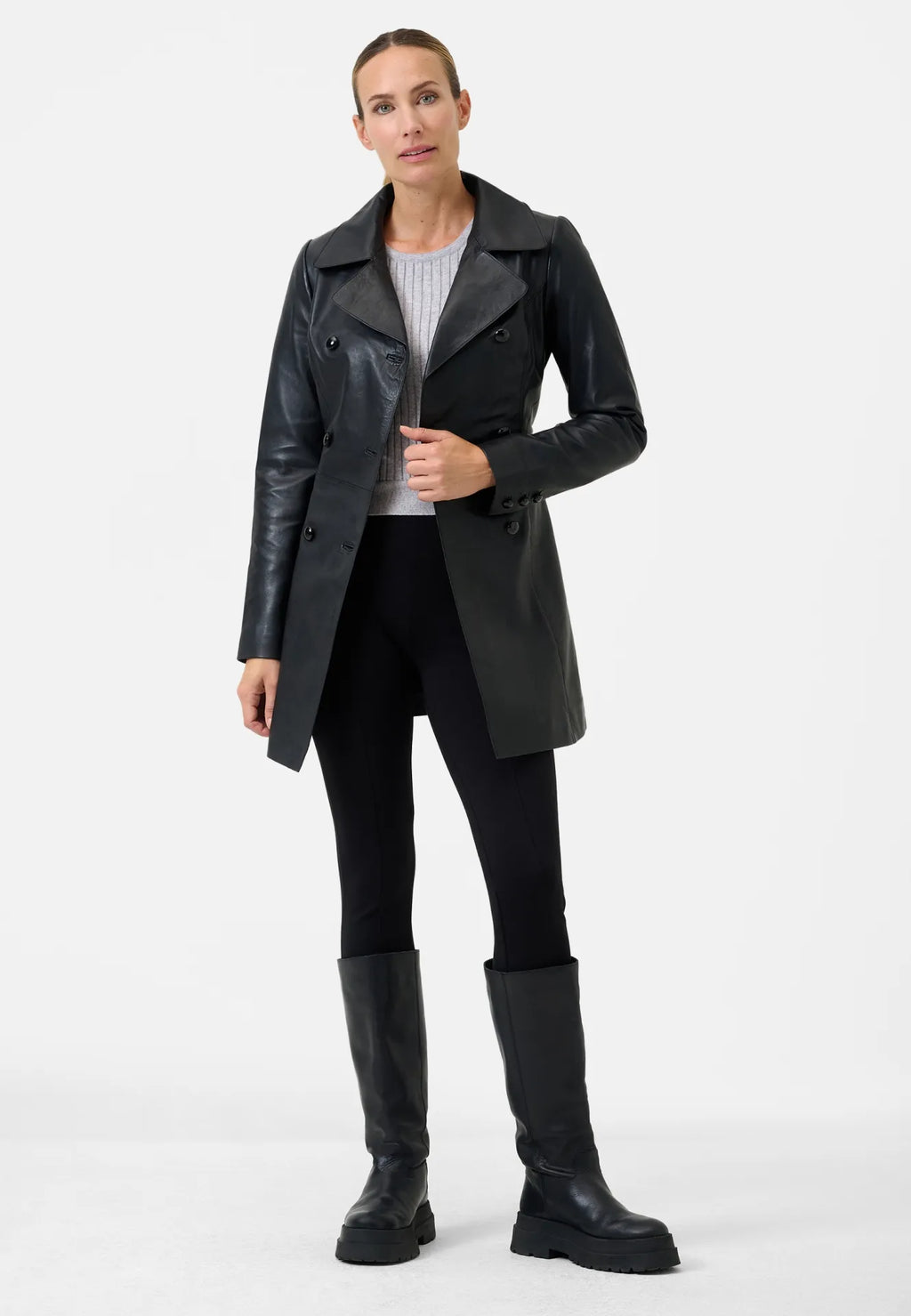 Rosalia zweireihiger Ledermantel mit Gürtel