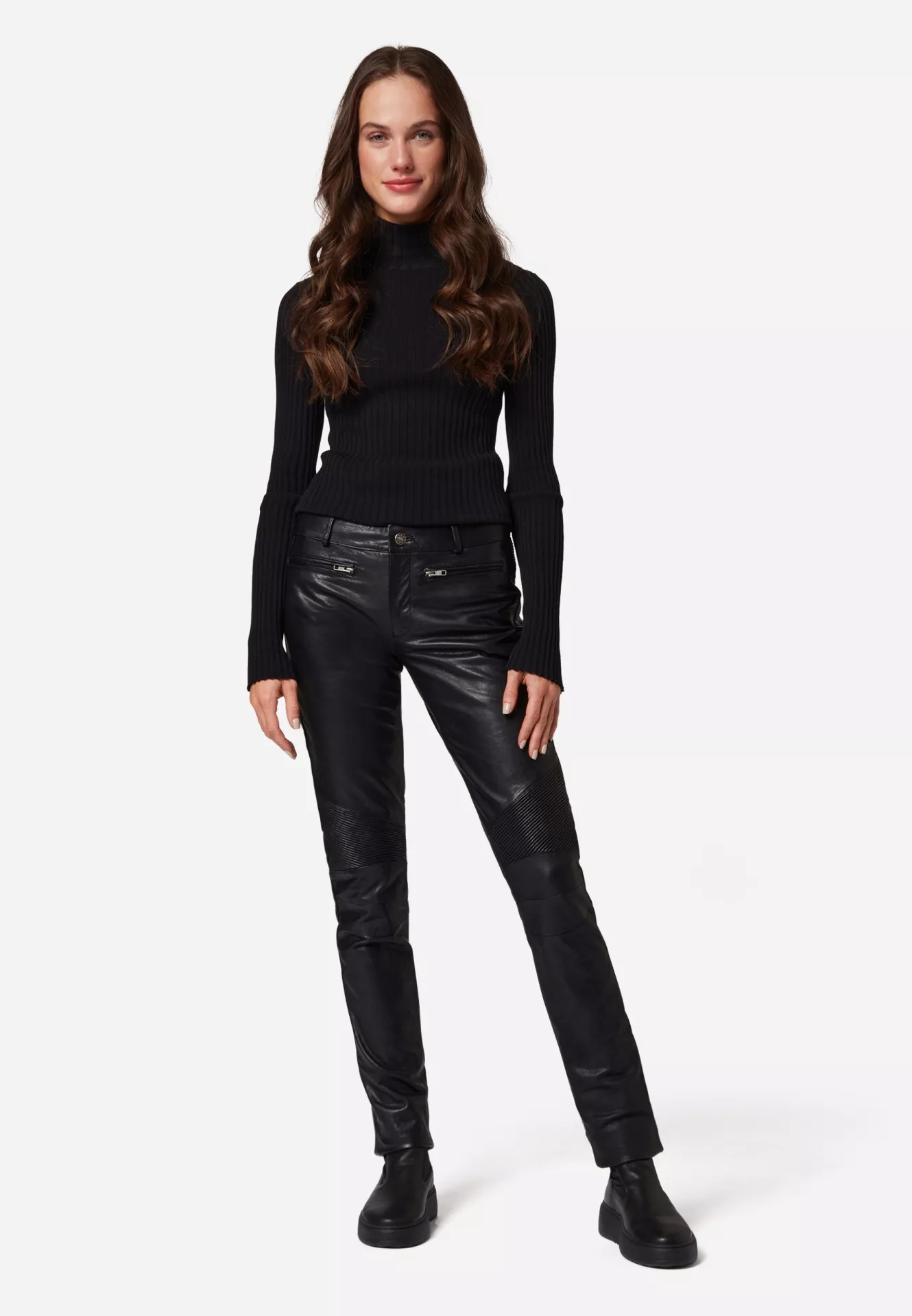 Donna Low Waist Lederjeans mit Biker-Elementen